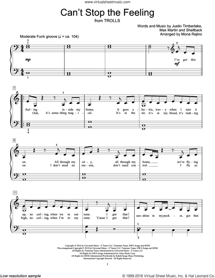 Can't Stop The Feeling sheet music for piano solo (elementary) by Justin Timberlake, Mona Rejino, Johan Schuster, Max Martin and Shellback, beginner piano (elementary)