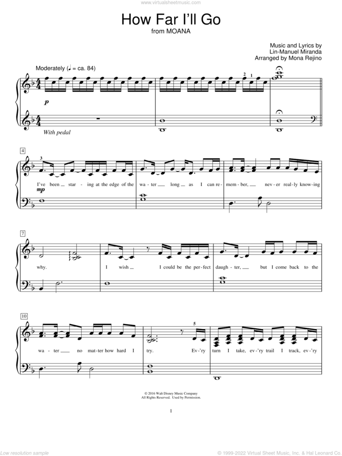 How Far I'll Go (from Moana) (arr. Mona Rejino) sheet music for piano solo (elementary) by Lin-Manuel Miranda, Alessia Cara and Mona Rejino, beginner piano (elementary)