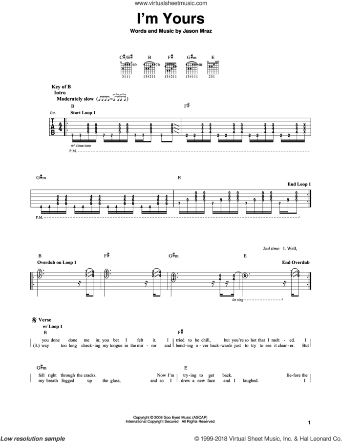 I'm Yours sheet music for guitar solo (lead sheet) by Jason Mraz, intermediate guitar (lead sheet)