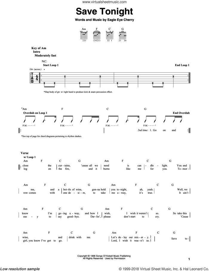 Save Tonight sheet music for guitar solo (lead sheet) by Eagle-Eye Cherry, intermediate guitar (lead sheet)