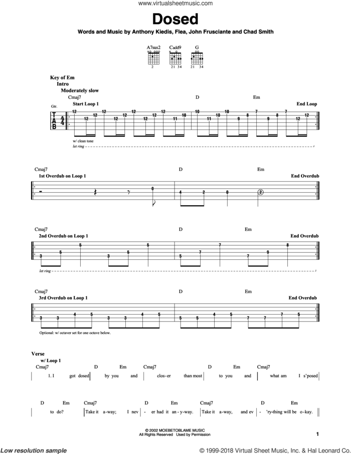 Dosed sheet music for guitar solo (lead sheet) by Red Hot Chili Peppers, Anthony Kiedis, Chad Smith, Flea and John Frusciante, intermediate guitar (lead sheet)
