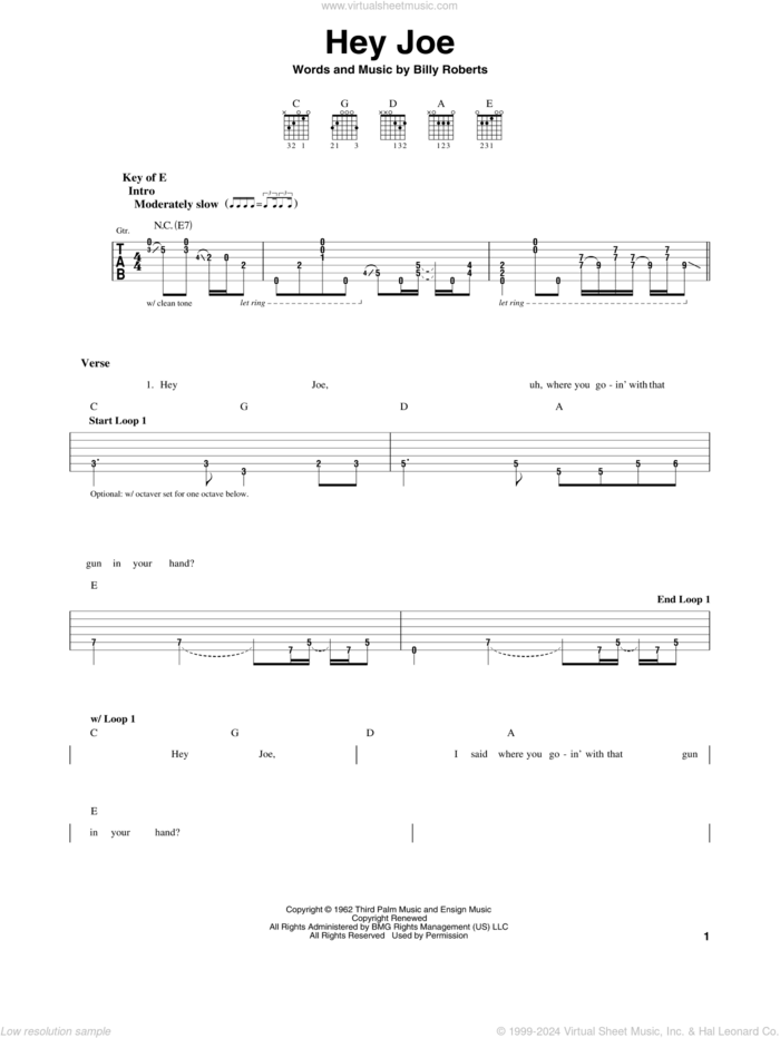Hey Joe sheet music for guitar solo (lead sheet) by Jimi Hendrix and Billy Roberts, intermediate guitar (lead sheet)