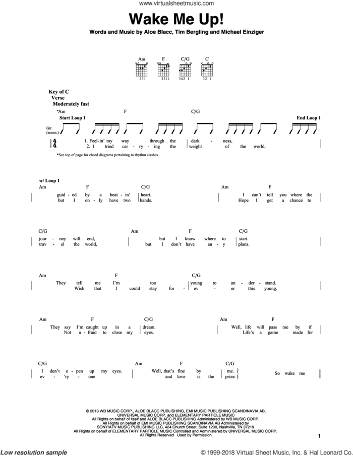 Wake Me Up! sheet music for guitar solo (lead sheet) by Avicii, Aloe Blacc, Michael Einziger and Tim Bergling, intermediate guitar (lead sheet)