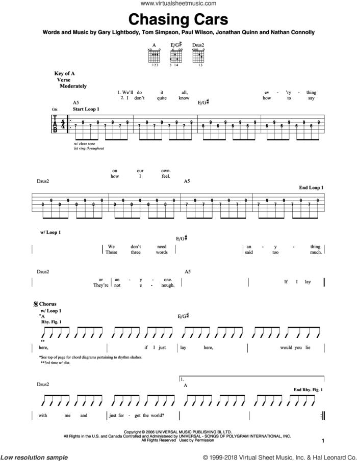Chasing Cars sheet music for guitar solo (lead sheet) by Snow Patrol, Gary Lightbody, Jonathan Quinn, Nathan Connolly, Paul Wilson and Tom Simpson, intermediate guitar (lead sheet)