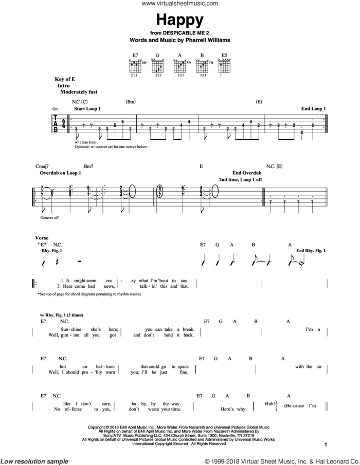 Happy sheet music for guitar solo (lead sheet) by Pharrell and Pharrell Williams, intermediate guitar (lead sheet)