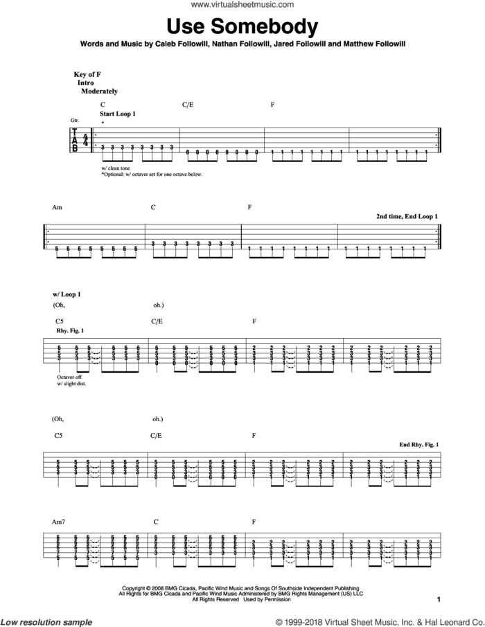 Use Somebody sheet music for guitar solo (lead sheet) by Kings Of Leon, Caleb Followill, Jared Followill, Matthew Followill and Nathan Followill, intermediate guitar (lead sheet)