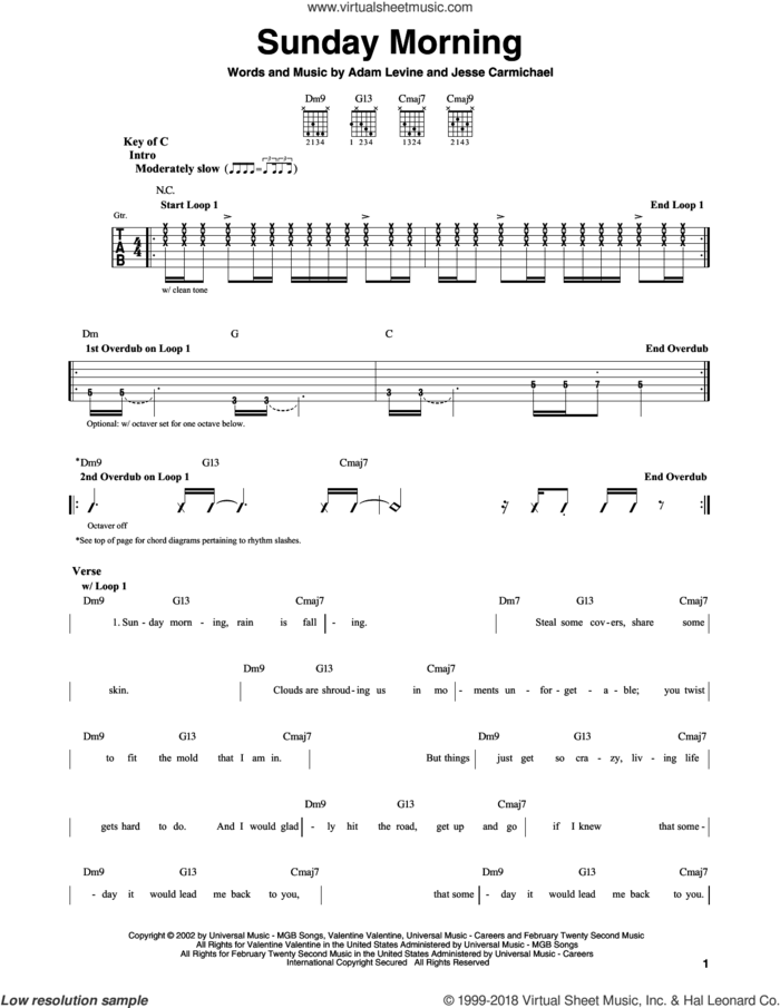 Sunday Morning sheet music for guitar solo (lead sheet) by Maroon 5, Adam Levine and Jesse Carmichael, intermediate guitar (lead sheet)