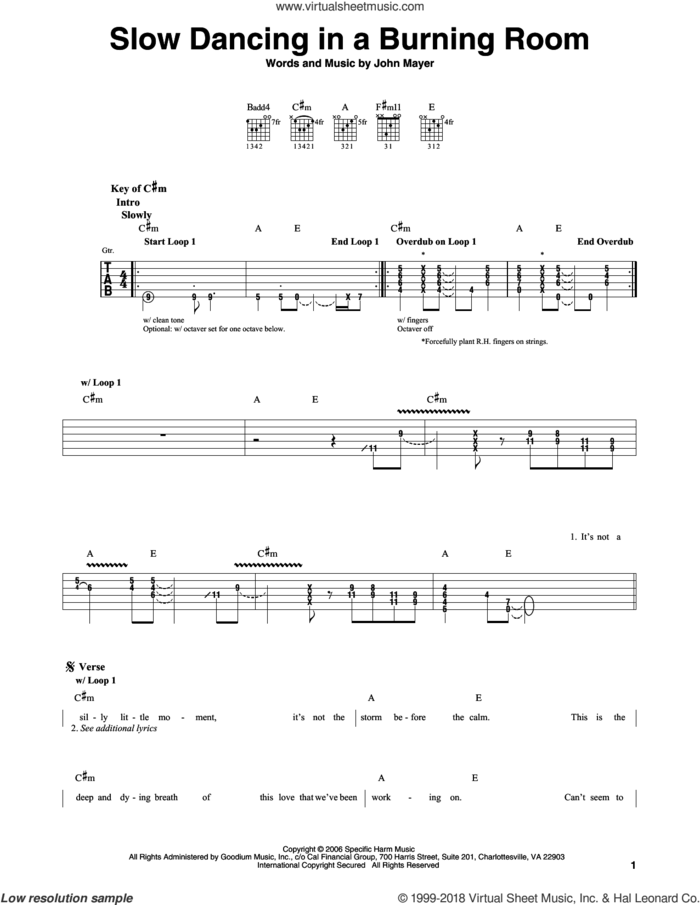 Slow Dancing In A Burning Room sheet music for guitar solo (lead sheet) by John Mayer, intermediate guitar (lead sheet)