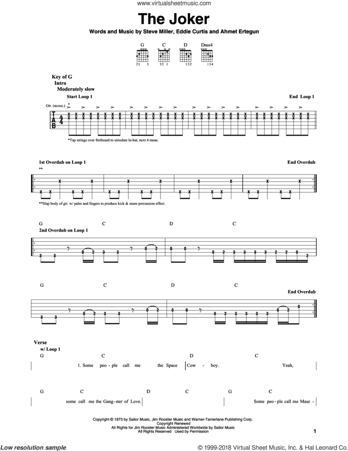 The Joker sheet music for guitar solo (lead sheet) by Steve Miller Band, Ahmet Ertegun, Eddie Curtis and Steve Miller, intermediate guitar (lead sheet)
