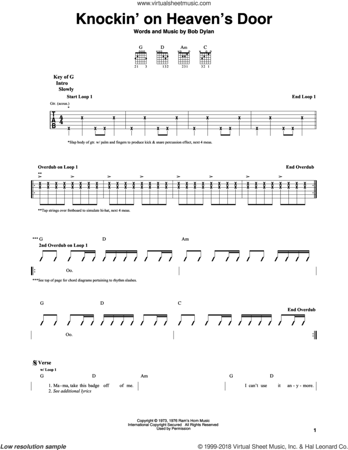 Knockin' On Heaven's Door sheet music for guitar solo (lead sheet) by Eric Clapton and Bob Dylan, intermediate guitar (lead sheet)