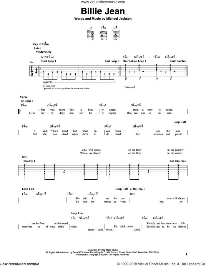 Billie Jean sheet music for guitar solo (lead sheet) by Michael Jackson, intermediate guitar (lead sheet)