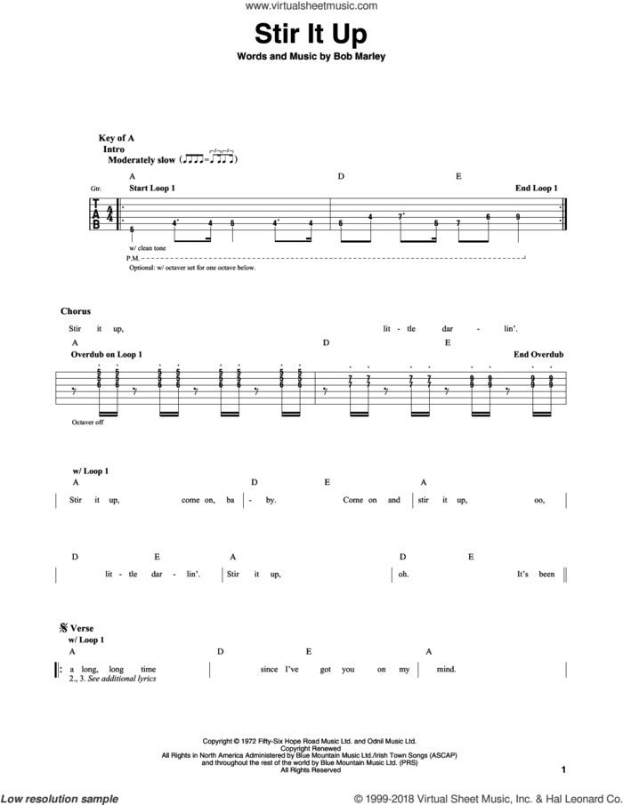 Stir It Up sheet music for guitar solo (lead sheet) by Bob Marley, intermediate guitar (lead sheet)