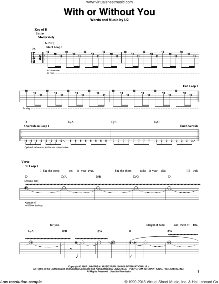 With Or Without You sheet music for guitar solo (lead sheet) by U2, intermediate guitar (lead sheet)