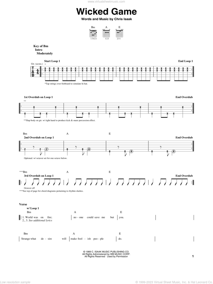 Wicked Game sheet music for guitar solo (lead sheet) by Chris Isaak, intermediate guitar (lead sheet)