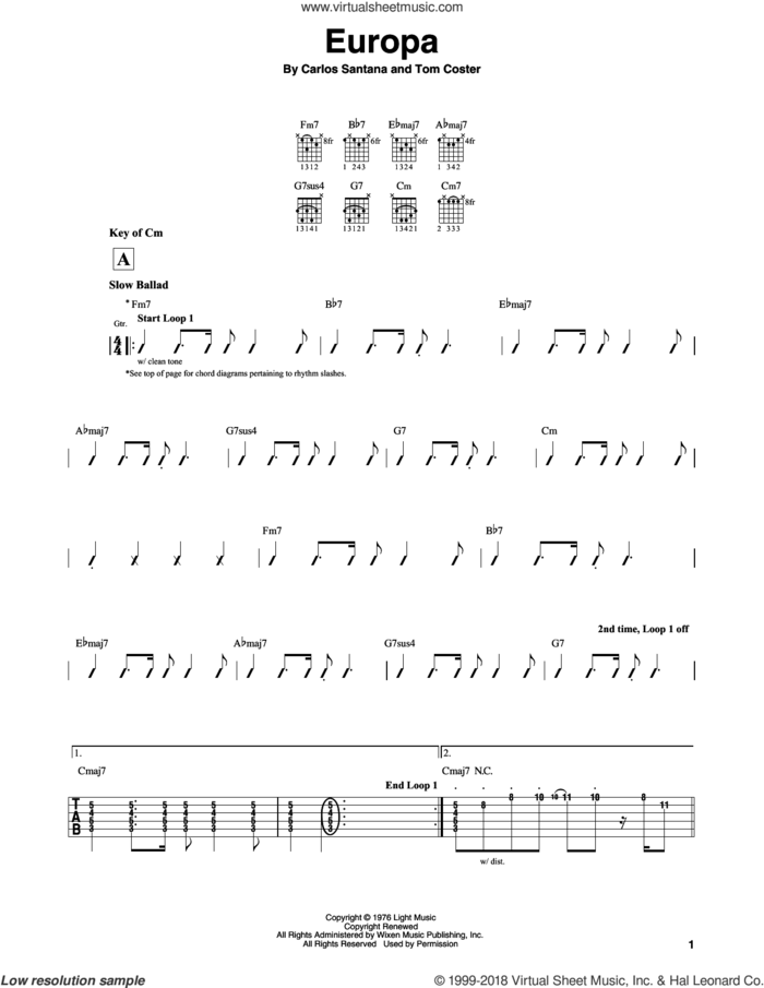 Europa, (intermediate) sheet music for guitar solo (lead sheet) by Carlos Santana and Tom Coster, intermediate guitar (lead sheet)