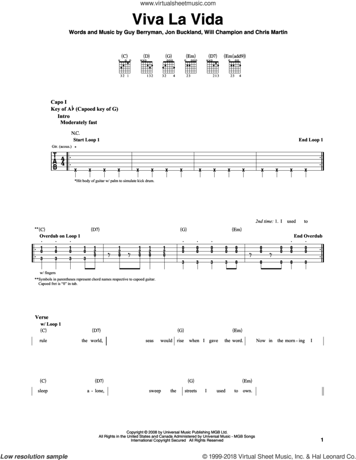 Viva La Vida sheet music for guitar solo (lead sheet) by Coldplay, Chris Martin, Guy Berryman, Jon Buckland and Will Champion, intermediate guitar (lead sheet)