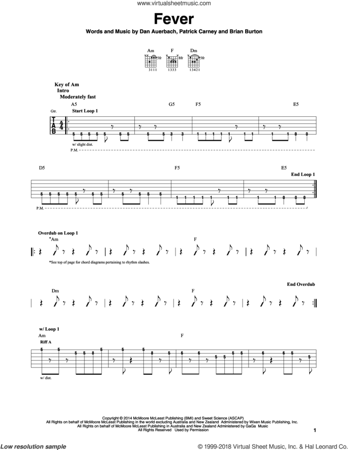 Fever sheet music for guitar solo (lead sheet) by The Black Keys, Brian Burton, Daniel Auerbach and Patrick Carney, intermediate guitar (lead sheet)