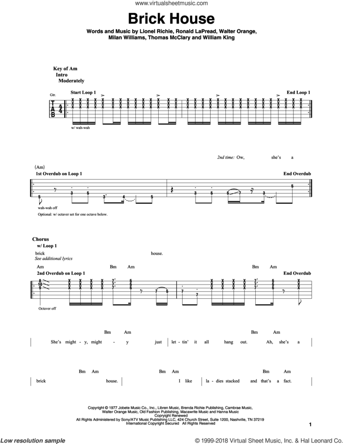 Brick House sheet music for guitar solo (lead sheet) by Lionel Richie, The Commodores, Milan Williams, Ronald LaPread, Thomas McClary, Walter Orange and William King, intermediate guitar (lead sheet)