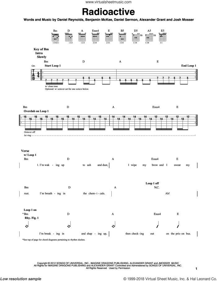 Radioactive sheet music for guitar solo (lead sheet) by Imagine Dragons, Alexander Grant, Benjamin McKee, Daniel Reynolds, Daniel Sermon and Josh Mosser, intermediate guitar (lead sheet)