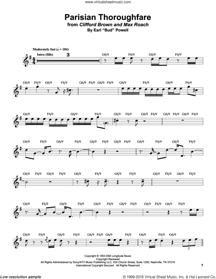Parisian Thoroughfare sheet music for trumpet solo (transcription) by Bud Powell, intermediate trumpet (transcription)
