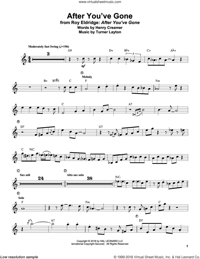 After You've Gone sheet music for trumpet solo (transcription) by Sophie Tucker, Roy Eldridge, Henry Creamer and Turner Layton, intermediate trumpet (transcription)