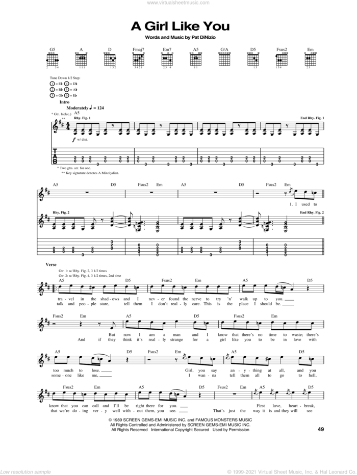 A Girl Like You sheet music for guitar (tablature) by Smithereens and Pat DiNizio, intermediate skill level