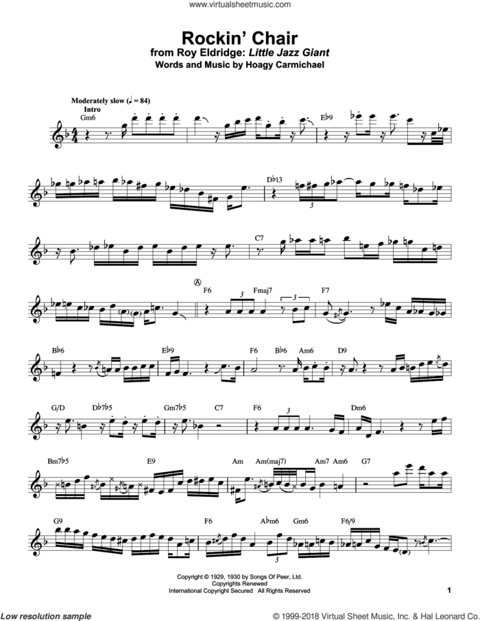 Rockin' Chair sheet music for trumpet solo (transcription) by Roy Eldridge and Hoagy Carmichael, intermediate trumpet (transcription)