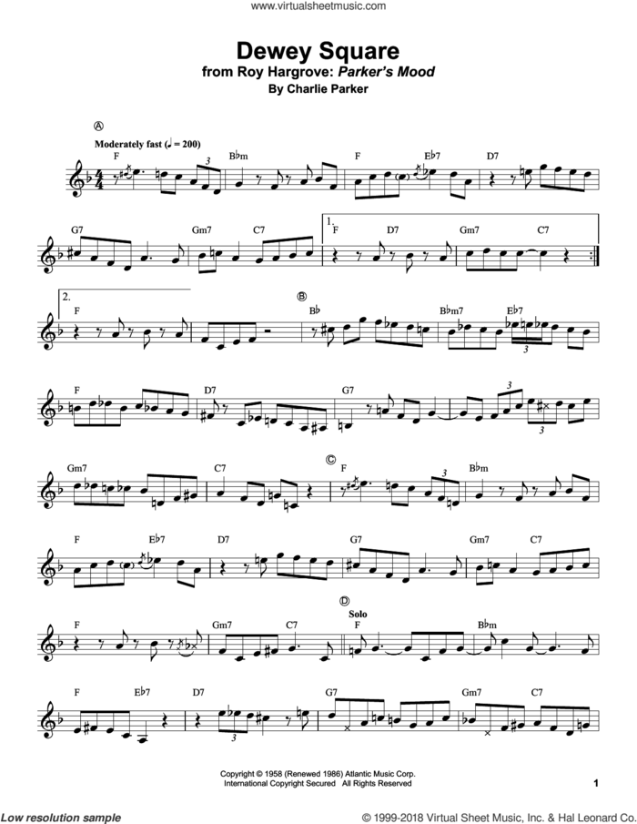 Dewey Square sheet music for trumpet solo (transcription) by Roy Hargrove and Charlie Parker, intermediate trumpet (transcription)
