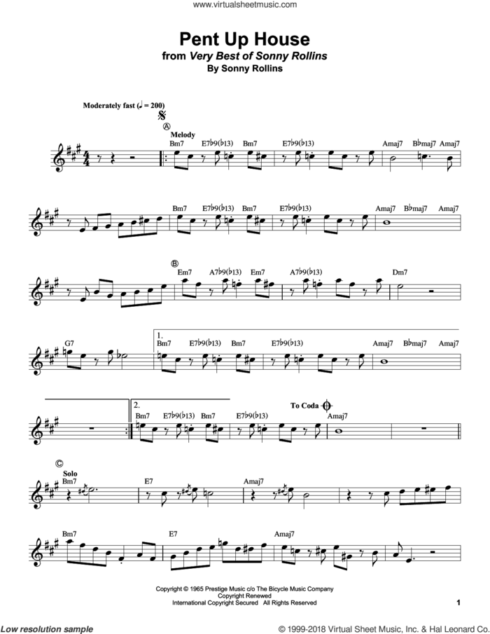 Pent Up House sheet music for trumpet solo (transcription) by Sonny Rollins and Clifford Brown, intermediate trumpet (transcription)