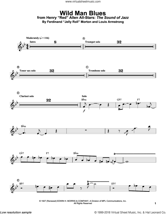 Wild Man Blues sheet music for trumpet solo (transcription) by Louis Armstrong, Jelly Roll Morton, Rex Stewart and Ferd 'Jelly Roll' Morton, intermediate trumpet (transcription)