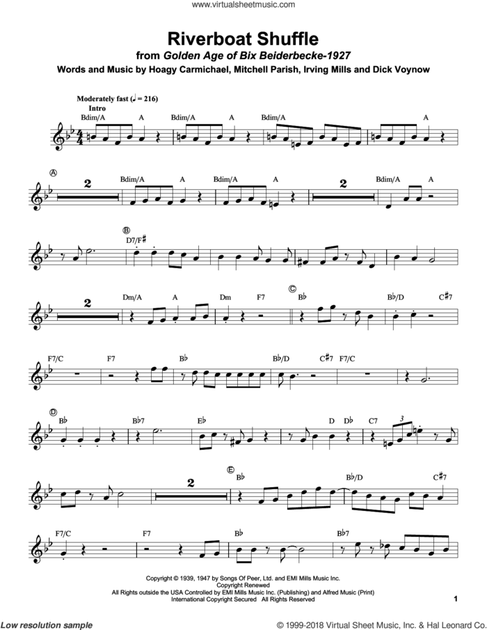 Riverboat Shuffle sheet music for trumpet solo (transcription) by Hoagy Carmichael, Bix Beiderbecke, Dick Voynow, Irving Mills and Mitchell Parish, intermediate trumpet (transcription)