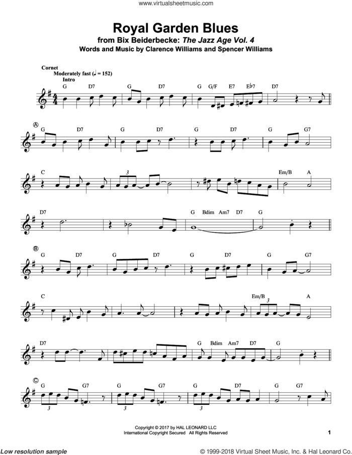 Royal Garden Blues sheet music for trumpet solo (transcription) by Spencer Williams, Bix Beiderbecke and Clarence Williams, intermediate trumpet (transcription)