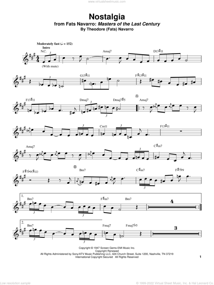 Nostalgia sheet music for trumpet solo (transcription) by Fats Navarro, Arturo Sandoval and Theodore (Fats) Navarro, intermediate trumpet (transcription)