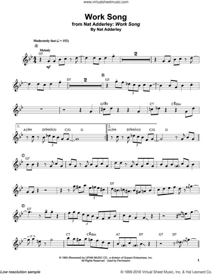 Work Song sheet music for trumpet solo (transcription) by Nat Adderley, Cannonball Adderley and Oscar Brown, Jr., intermediate trumpet (transcription)