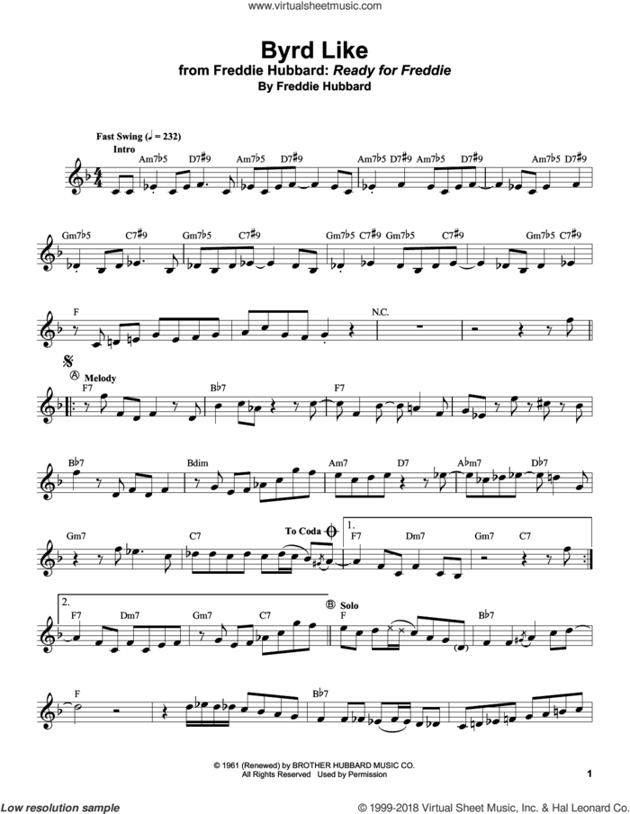Byrd Like sheet music for trumpet solo (transcription) by Freddie Hubbard, intermediate trumpet (transcription)