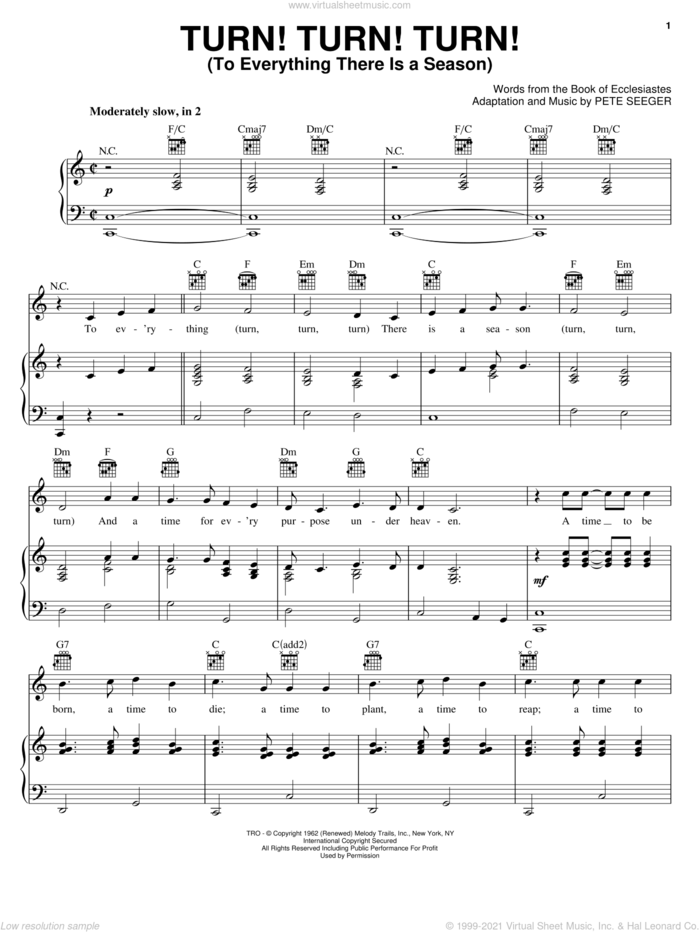 Turn! Turn! Turn! (To Everything There Is A Season) sheet music for voice, piano or guitar by The Byrds, Book of Ecclesiastes and Pete Seeger, intermediate skill level
