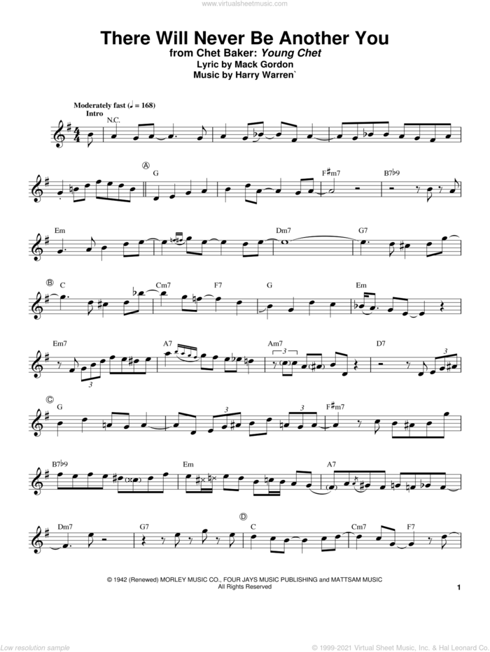There Will Never Be Another You sheet music for trumpet solo (transcription) by Chet Baker, Harry Warren and Mack Gordon, intermediate trumpet (transcription)