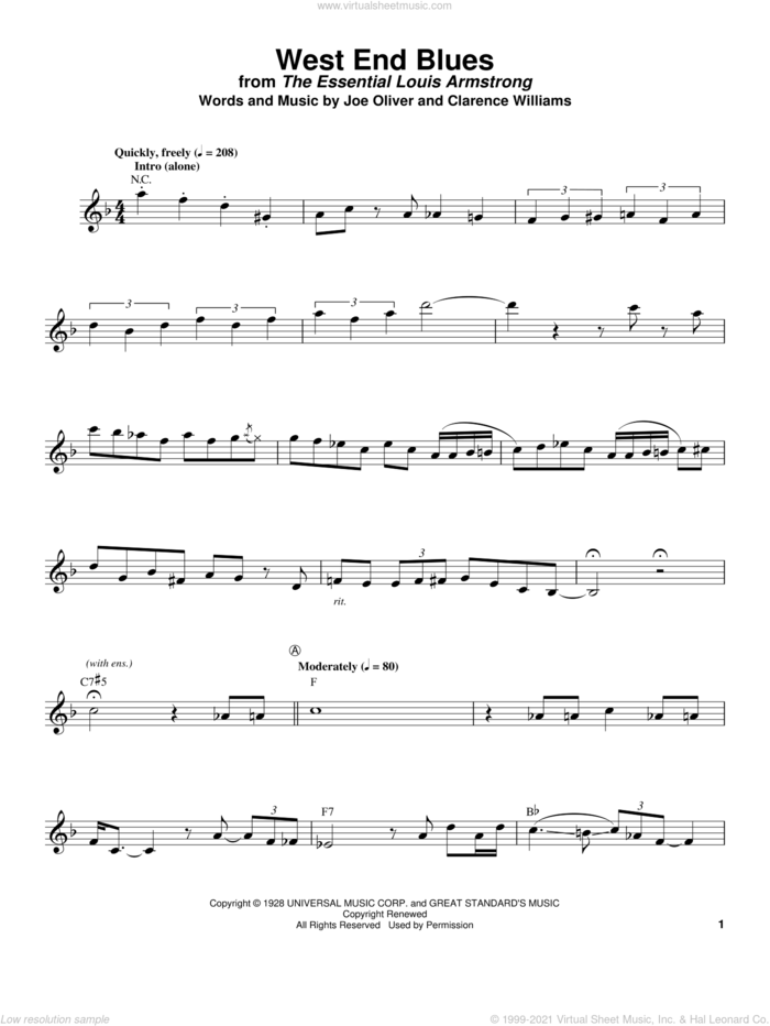West End Blues sheet music for trumpet solo (transcription) by Clarence Williams, Louis Armstrong and Joe Oliver, intermediate trumpet (transcription)