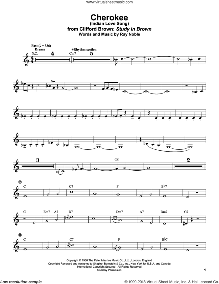 Cherokee (Indian Love Song) sheet music for trumpet solo (transcription) by Clifford Brown and Ray Noble, intermediate trumpet (transcription)