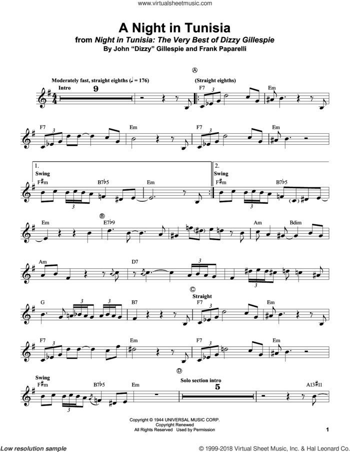A Night In Tunisia sheet music for trumpet solo (transcription) by Dizzy Gillespie and Frank Paparelli, intermediate trumpet (transcription)