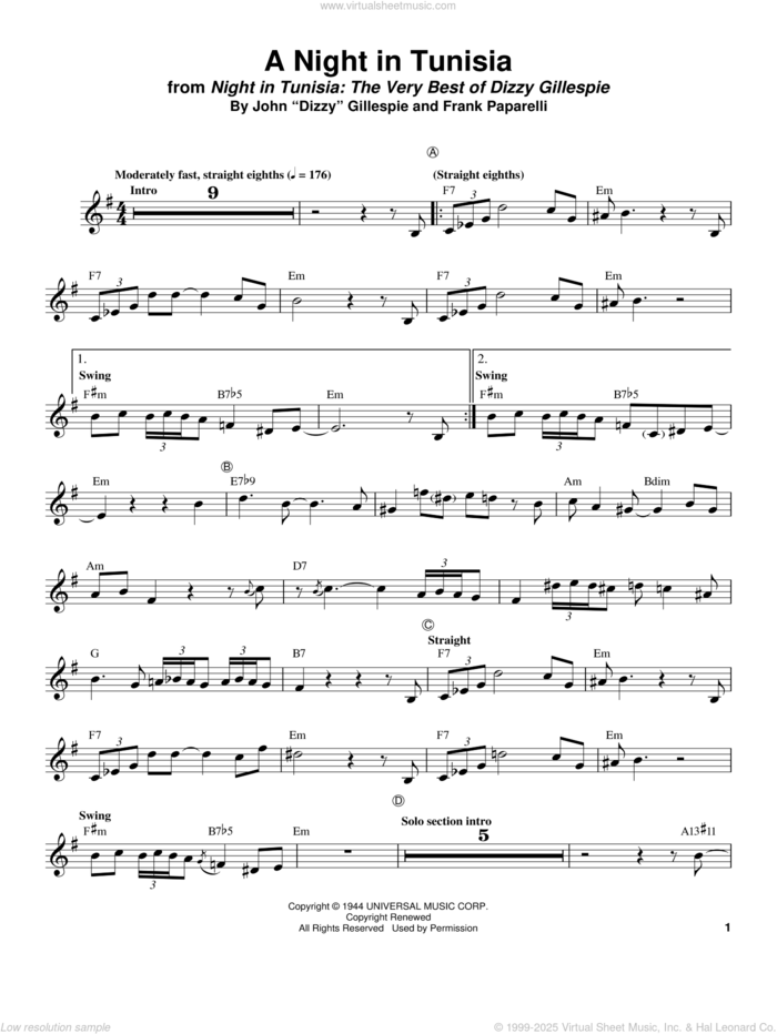 A Night In Tunisia sheet music for trumpet solo (transcription) by Dizzy Gillespie and Frank Paparelli, intermediate trumpet (transcription)