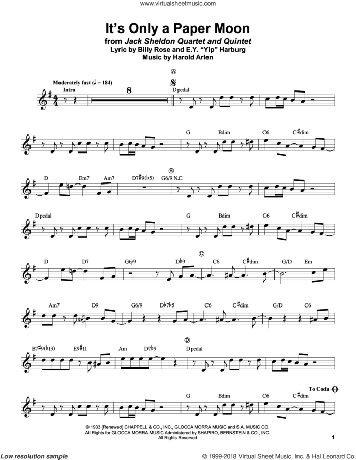 It's Only A Paper Moon sheet music for trumpet solo (transcription) by Jack Sheldon, Billy Rose, E.Y. Harburg and Harold Arlen, intermediate trumpet (transcription)