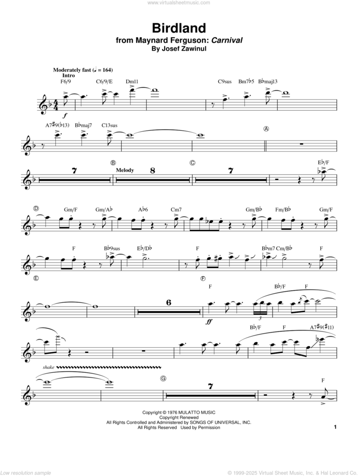 Birdland sheet music for trumpet solo (transcription) by Maynard Ferguson, Manhattan Transfer, Jon Hendricks and Josef Zawinul, intermediate trumpet (transcription)