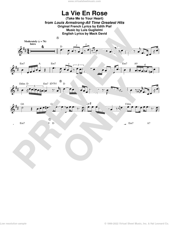 La Vie En Rose (Take Me To Your Heart Again) sheet music for trumpet solo (transcription) by Mack David, Louis Armstrong, Edith Piaf and Louis Guglielmi, wedding score, intermediate trumpet (transcription)