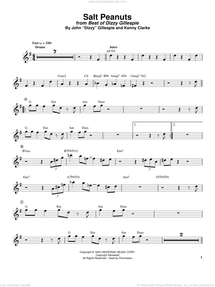 Salt Peanuts sheet music for trumpet solo (transcription) by Dizzy Gillespie and Kenny Clarke, intermediate trumpet (transcription)