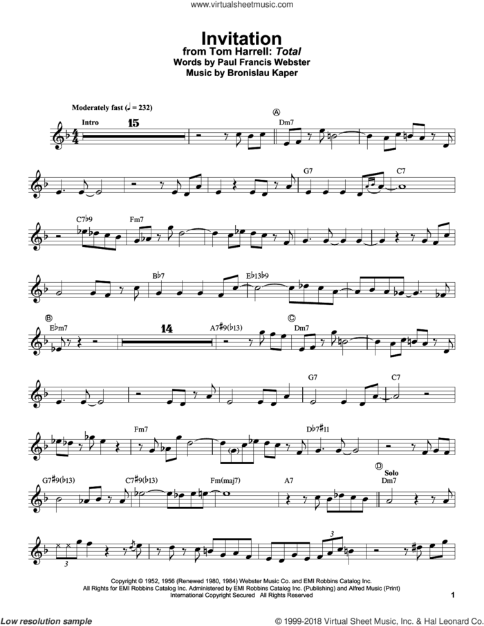 Invitation sheet music for trumpet solo (transcription) by Paul Francis Webster, Tom Harrell and Bronislau Kaper, intermediate trumpet (transcription)