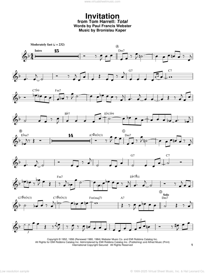 Invitation sheet music for trumpet solo (transcription) by Paul Francis Webster, Tom Harrell and Bronislau Kaper, intermediate trumpet (transcription)