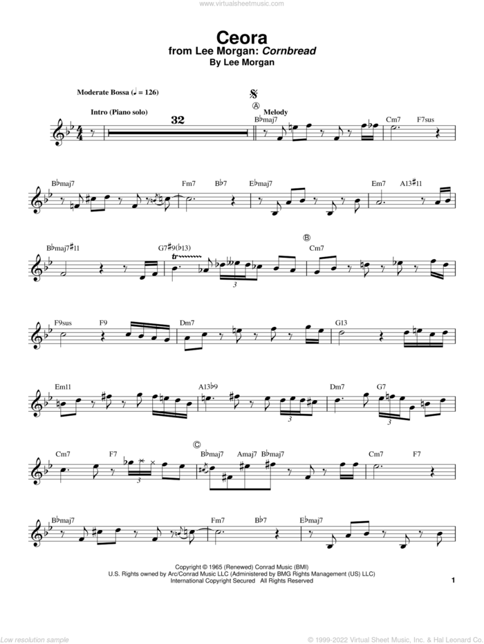 Ceora sheet music for trumpet solo (transcription) by Lee Morgan and Billy Taylor, intermediate trumpet (transcription)
