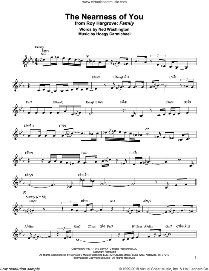 The Nearness Of You sheet music for trumpet solo (transcription) by Roy Hargrove, George Shearing, Hoagy Carmichael and Ned Washington, intermediate trumpet (transcription)