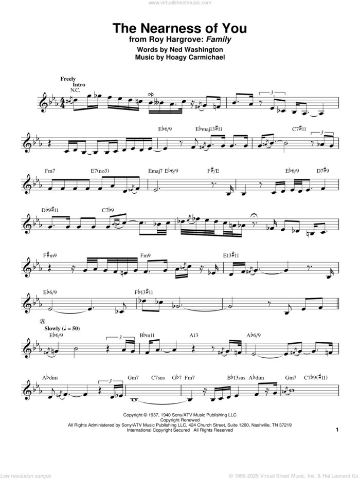 The Nearness Of You sheet music for trumpet solo (transcription) by Roy Hargrove, George Shearing, Hoagy Carmichael and Ned Washington, intermediate trumpet (transcription)